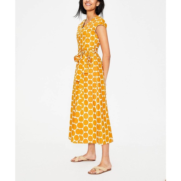 Boden Tori Midi Dress 10 Polka Dot V-Neck Tie Waist Cotton Lined Ivory Yellow - Picture 4 of 12